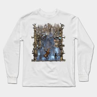 Cat Walking into Gothic Steampunk City Long Sleeve T-Shirt